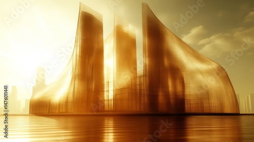 Golden Cityscape  A majestic cityscape bathed in the warm glow of dawn or dusk. The towers of this futuristic metropolis  shaped like shimmering sails  rise gracefully above the shimmering water.