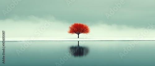 A single red tree stands out, reflected in the water on a foggy, bright day