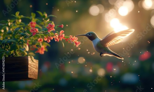 Hummingbird feeding on flowers in garden