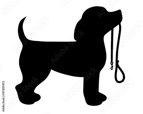 Silhouette of dog holding leash in mouth. loyal pet ready for a walk, companionship, routine care, obedience training, and daily outdoor activity, dog walking services and pet ownership themes