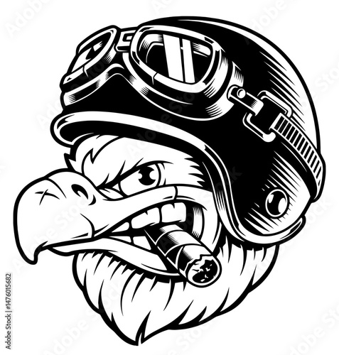 American Eagle Character Wearing Biker Helmet and Goggles, Clenching Cigar with Beak, Expressing Aggression and Patriotism. Strength, Freedom, and Rebel Spirit. Motorcycle Culture, USA Emblems