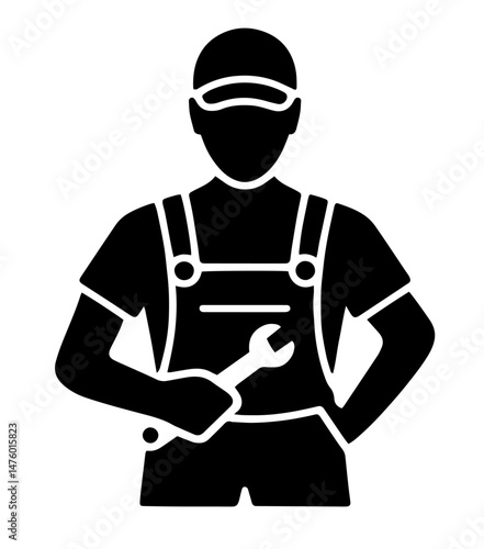 Silhouette of male mechanic holding wrench in uniform overalls. industrial worker, repair service, maintenance profession, manual labor, technical skills, workforce support in automotive or engineerin