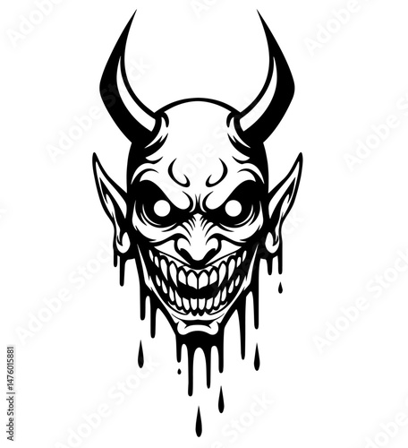 Horrific Demon Skull with Horns, Pointed Ears, Dripping Effect Below, Featuring Evil Grin and Wide Eyes. Fear, Horror, Evil, and Supernatural Forces. 