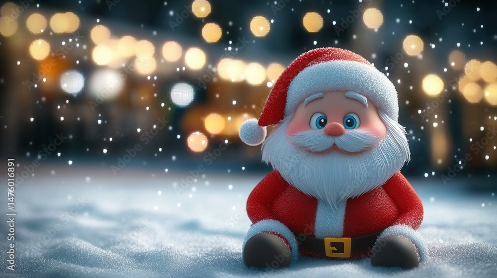 Joyful Santa Claus Figurine in Snowy Scene with Festive Lights Joyful Santa Claus Figurine in Snowy Scene with Festive Lights