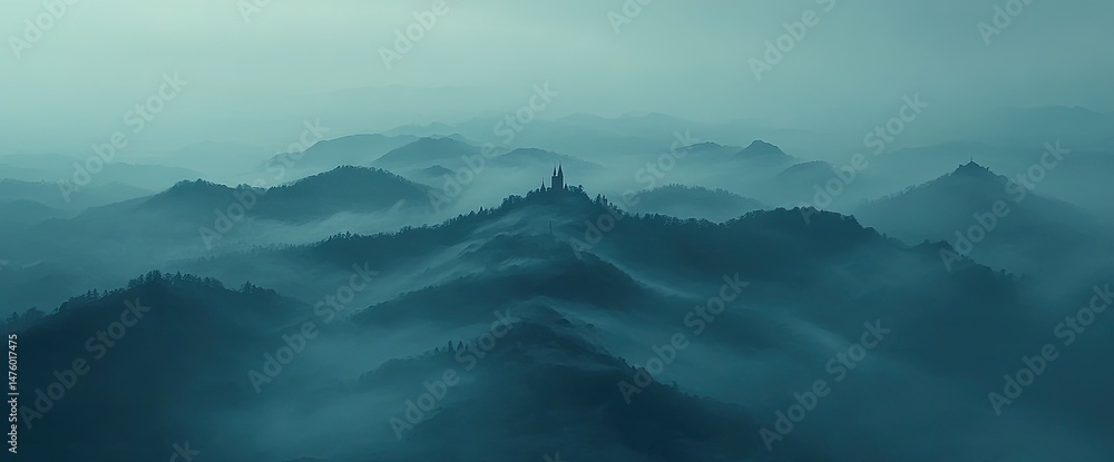 Naklejka premium Blue-tinted misty mountains view with a building atop the highest point
