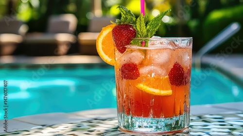 A vibrant fruit cocktail with oranges, strawberries, and mint leaves, served chilled by the pool on a sun-drenched summer afternoon.