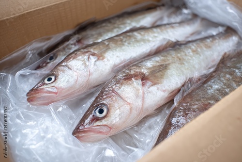 Boxed frozen Longtail hake Packaged with interleaved plastic film Argentine trade fish after initial processing ready for market Close up shot
