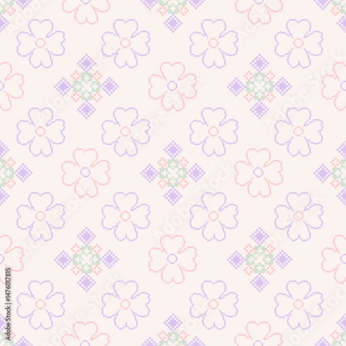 Traditional Ukrainian cross-stitch Detailed vector Illustration for textile printing design, on pixels pastel colors tones