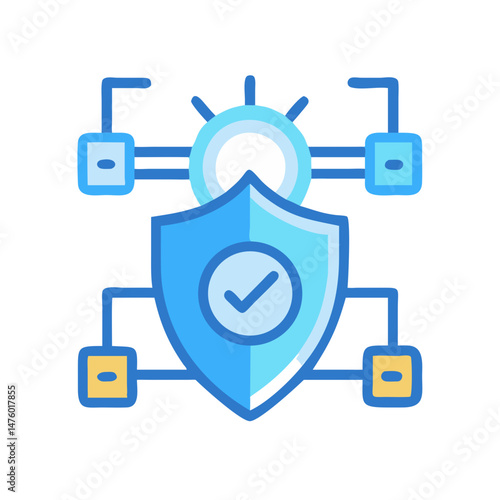 Secured network graphic with validated shield on black background