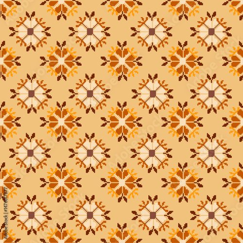 Traditional Ukrainian cross-stitch Detailed vector Illustration for textile printing design, on pixels brown tones