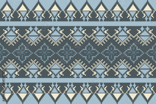 Traditional Ukrainian cross-stitch Detailed vector Illustration for textile printing design, on pixels blue tones