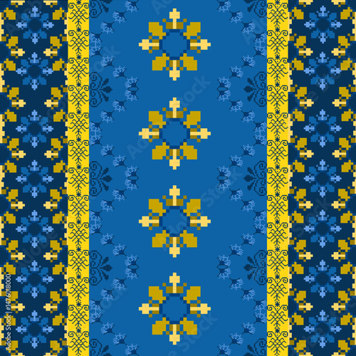 Traditional Ukrainian cross-stitch
Detailed vector Illustration for textile printing design, on pixels blue tones