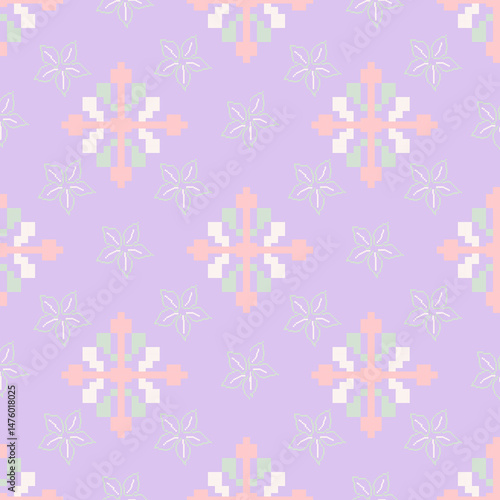 Traditional Ukrainian cross-stitch Detailed vector Illustration for textile printing design, on pixels pastel colors tones