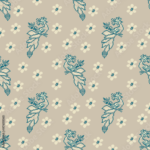 Traditional Ukrainian cross-stitch Detailed vector Illustration for textile printing design, on pixels pastel colors tones