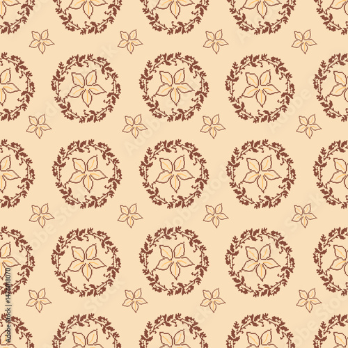 Traditional Ukrainian cross-stitch Detailed vector Illustration for textile printing design, on pixels brown tones