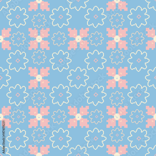 Traditional Ukrainian cross-stitch Detailed vector Illustration for textile printing design, on pixels pastel colors tones