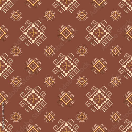 Traditional Ukrainian cross-stitch Detailed vector Illustration for textile printing design, on pixels brown tones