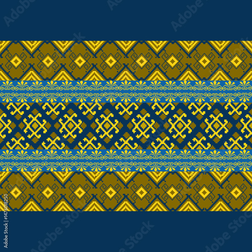 Traditional Ukrainian cross-stitch
Detailed vector Illustration for textile printing design, on pixels blue tones