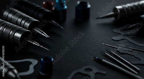 Tattoo Machine and Needles on Black Surface
