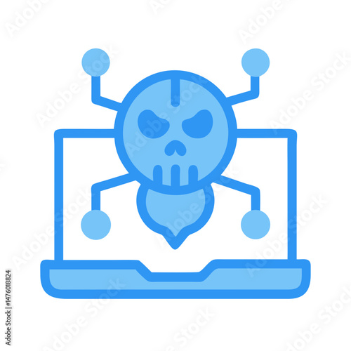 Stylized blue cyber skull emerges from a laptop screen