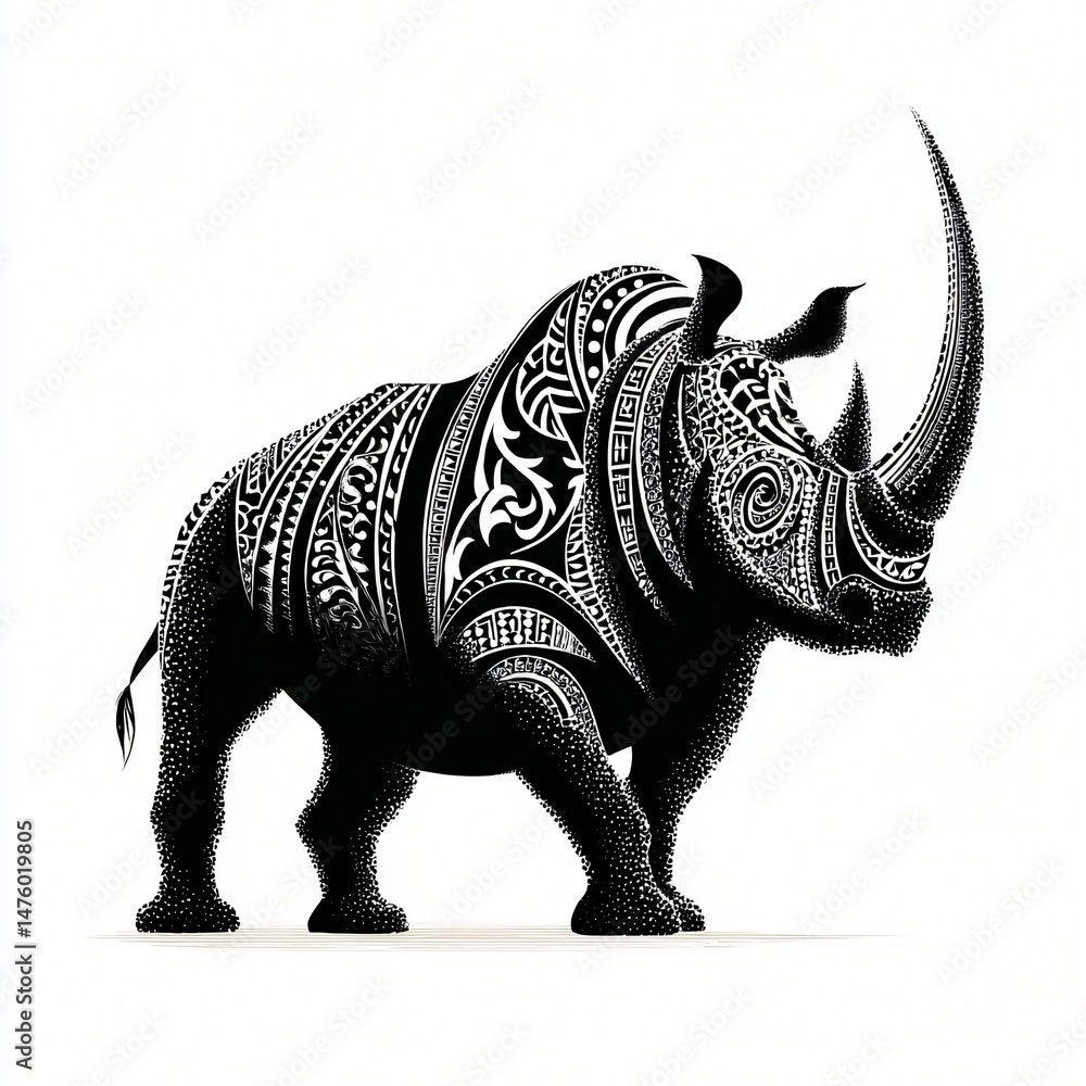 Fototapeta premium Ornate Tribal Rhinoceros Black and White Wildlife Art Detailed Animal Illustration