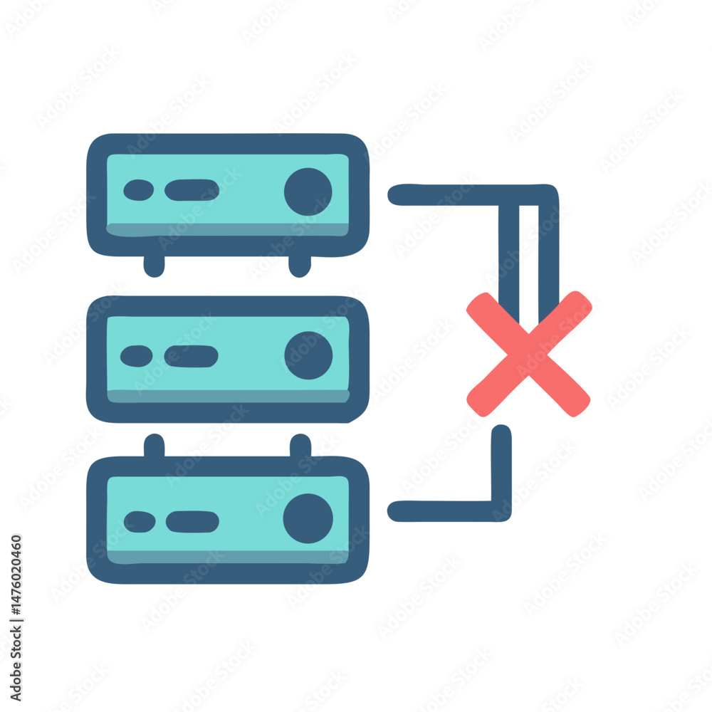 Disconnected network illustration with stack of blue servers and red Disconnected network illustration with stack of blue servers and red