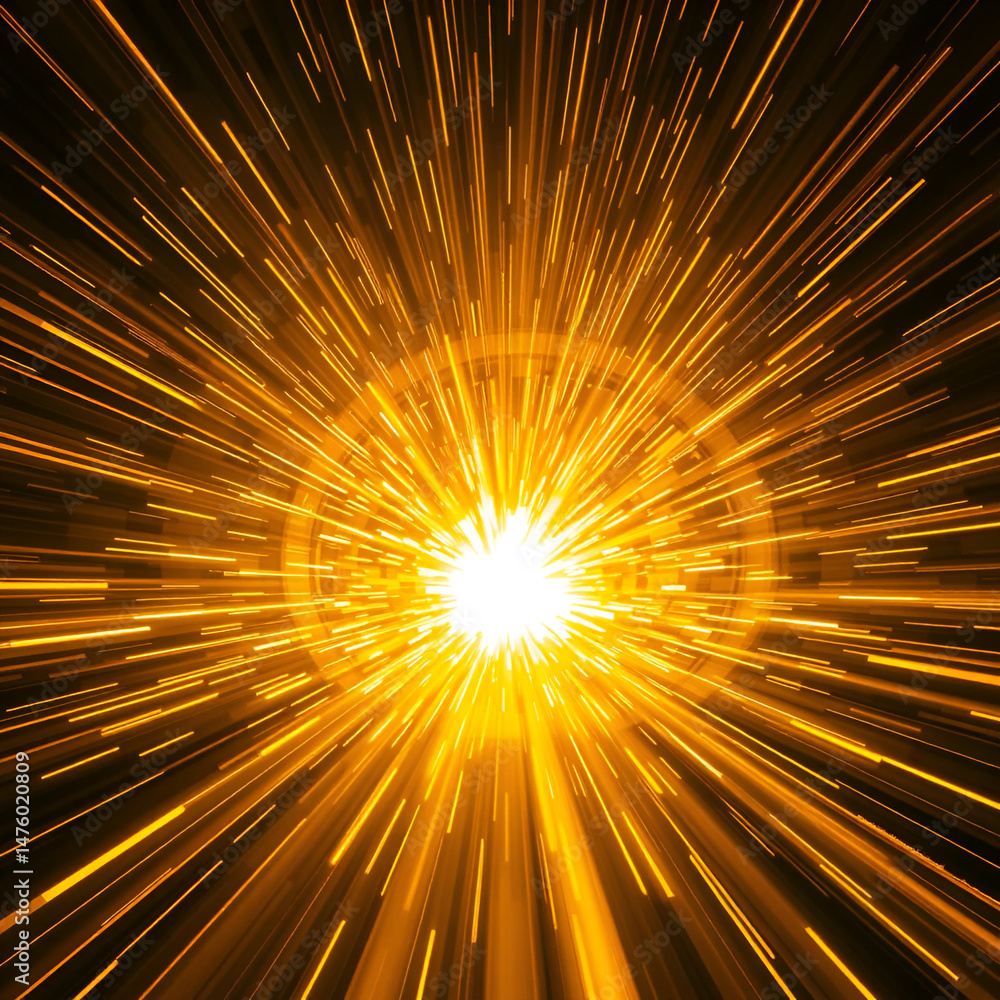 Obraz premium Golden light beams exploding into a tunnel, symbolizing speed, energy, motion, and transformation.