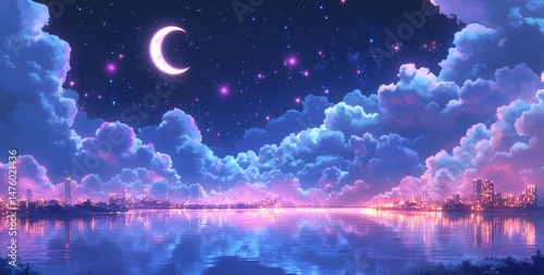 Nightfall over a city, with a crescent moon and starry sky, and clouds