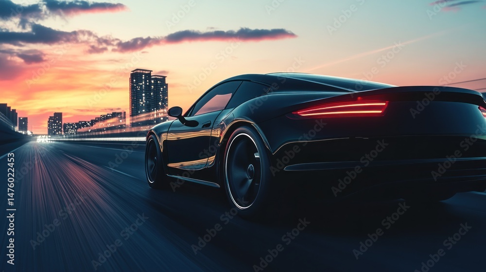 Naklejka premium Sleek black sports car speeding on highway at sunset, city skyline in background