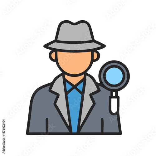 Detective with magnifying glass in flat color icon style