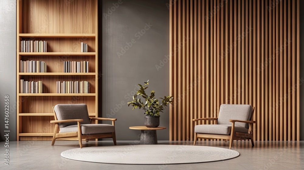 Fototapeta premium Modern wooden interior design with comfortable seating and bookshelves.