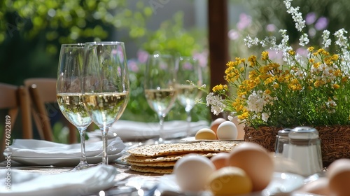 A warm and inviting table with Matzah, eggs, and white wine glasses, surrounded by delicate spring flowers in a garden-like setting.