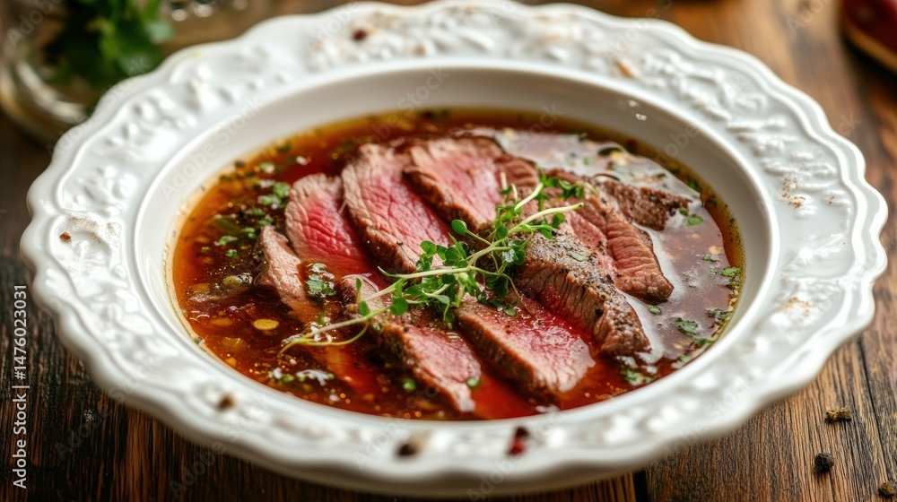 Sliced beef in a rich, dark broth, garnished with fresh herbs, served in a shallow white bowl Sliced beef in a rich, dark broth, garnished with fresh herbs, served in a shallow white bowl