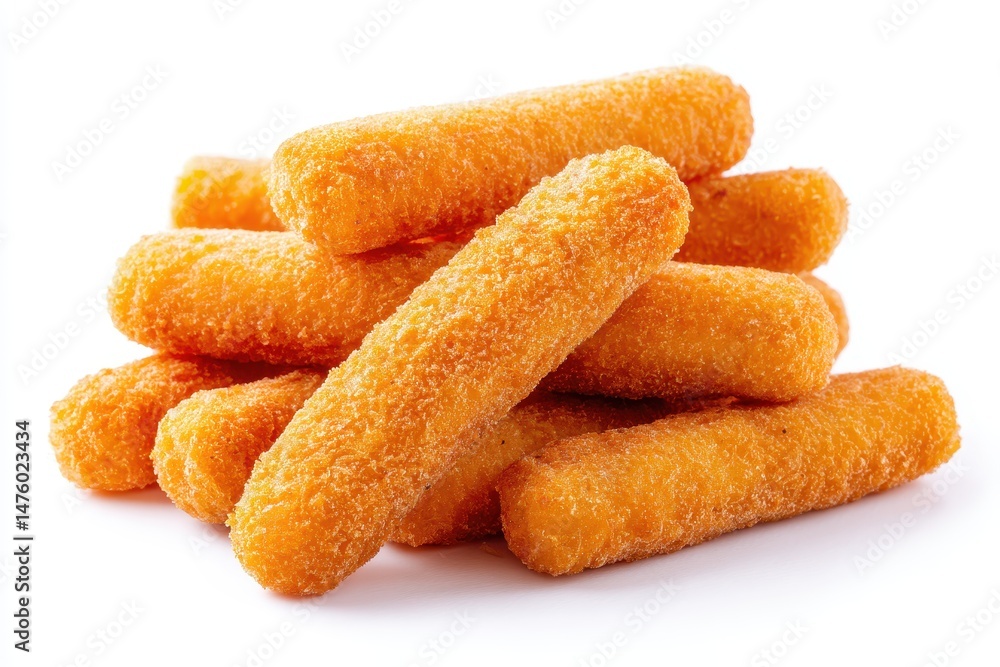 Breaded fish sticks on white background with cutout Breaded fish sticks on white background with cutout