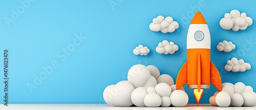 Fototapeta Naklejka Na Ścianę i Meble -  3D render of a launching orange and white rocket ship with cartoon clouds on a blue background