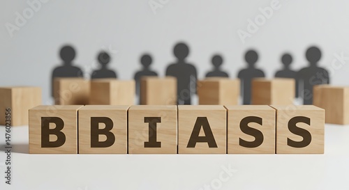 Wooden blocks spelling BIASS with blurred figures in the background against a white backdrop