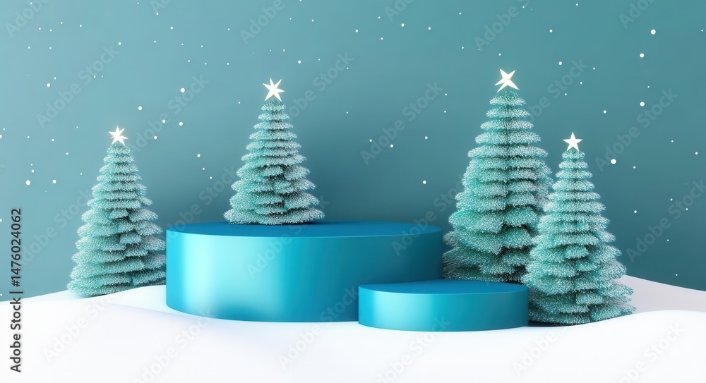 Festive Winter Scene with Teal Platform and Snowy Trees Festive Winter Scene with Teal Platform and Snowy Trees