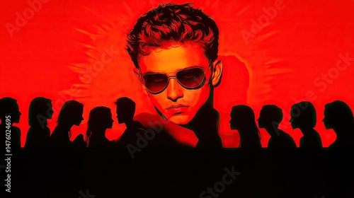 Young man in sunglasses before a crowd, bathed in red light. Serious expression