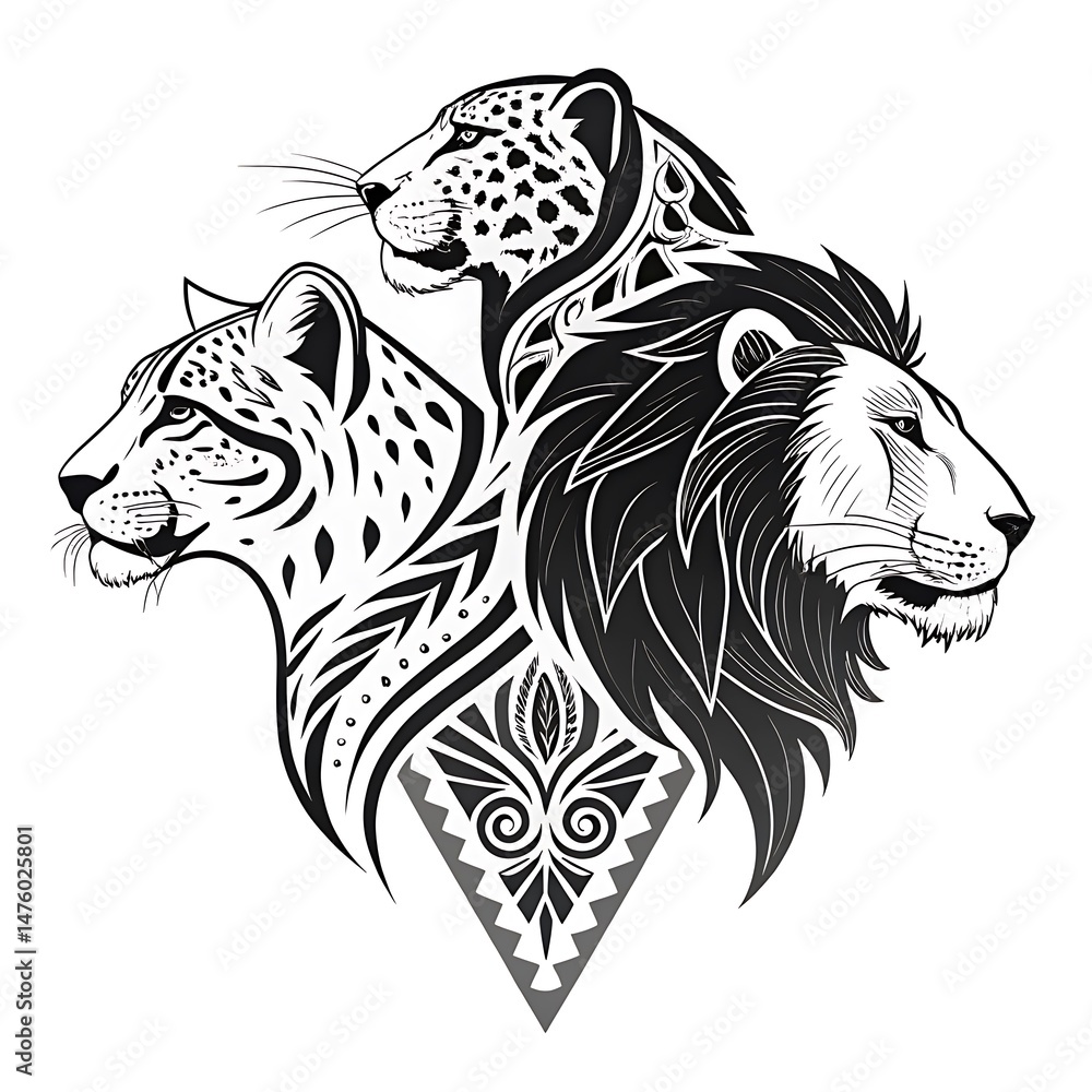Fototapeta premium black and white lion and tiger line art vector