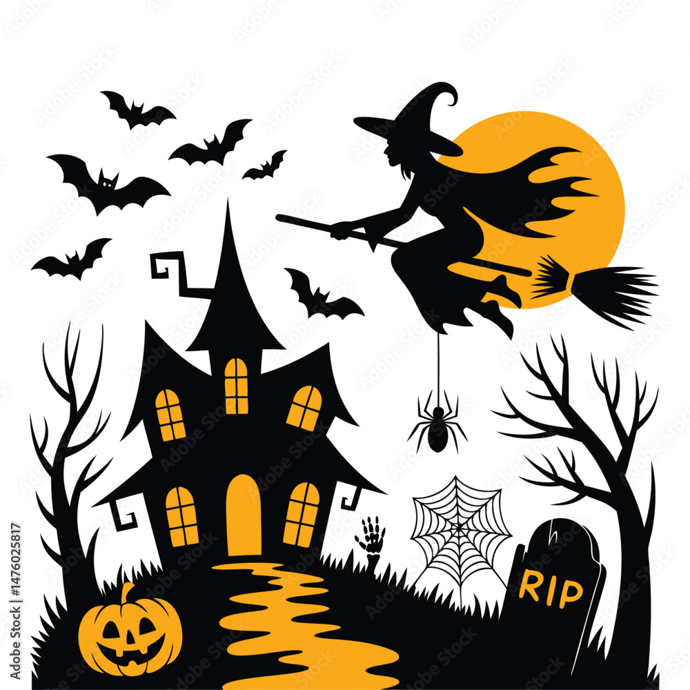 Fototapeta premium Halloween scene with witch house and bats silhouette