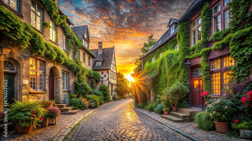 Fototapeta premium Cozy cobblestone street with historic buildings and lush greenery at sunset , architecture, nature