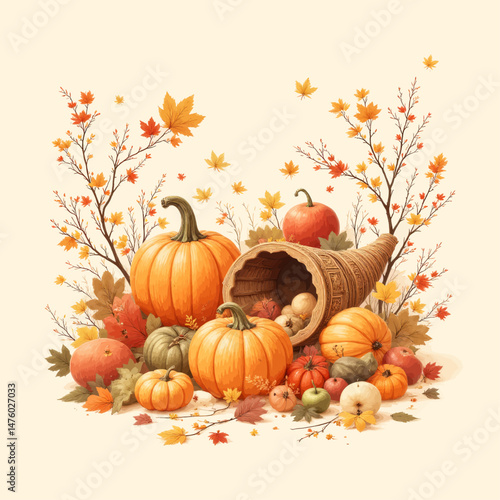 Autumn harvest cornucopia with pumpkins and colorful leaves