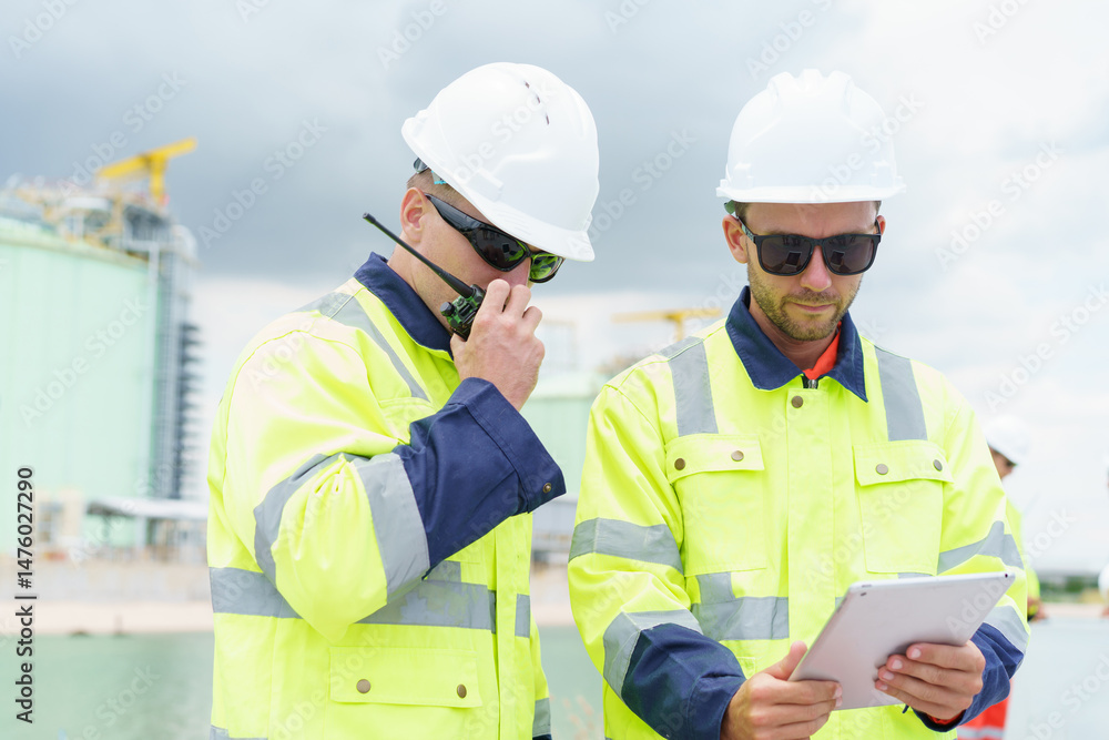 Engineering team in safety gear planning pipeline maintenance at oil and gas refinery site with storage tanks in the background.