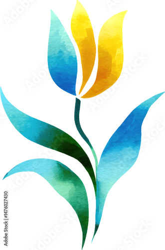 A simple watercolor, a small clip art logo depicting the curved stem and long leaves atop a tulip flower bud