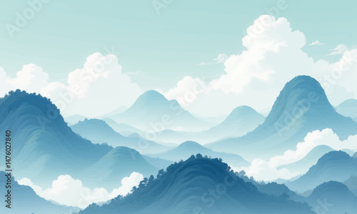 Blue mountain range, serene landscape with clouds and trees