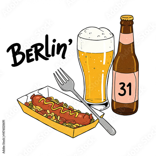Berlin street food culture, enjoying currywurst and beer illustration