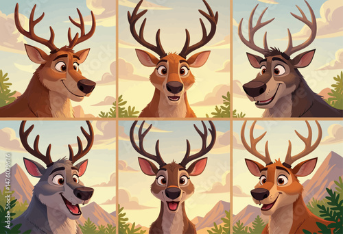 Cartoon deer faces, happy expressions, mountain backdrop, nature joy
