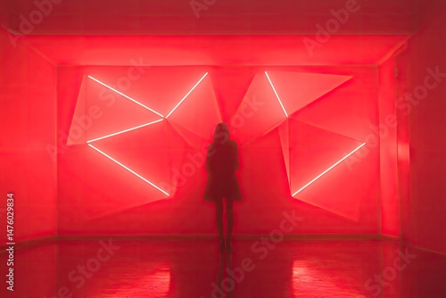 Figure stands facing bright red triangular lights in a modern, minimalist room