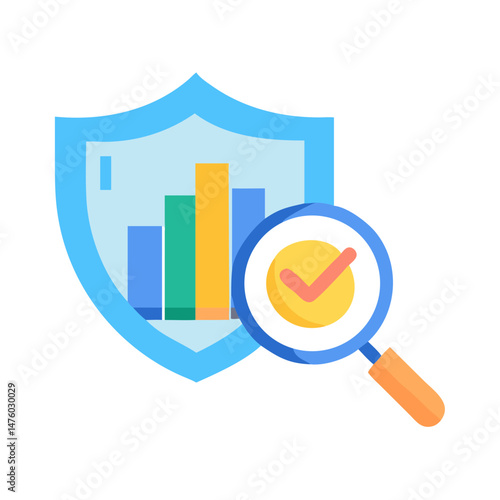 Shield with bar graph analyzed by magnifying glass icon