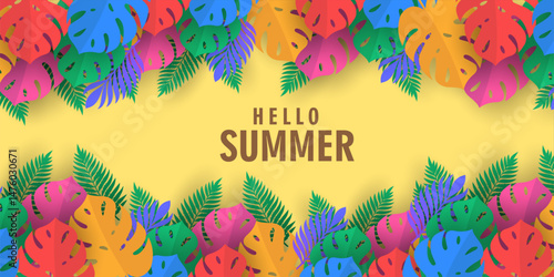 Summer greeting clipart banner poster card set. spring tropical leaves with colorful exotic leave, collection summer or spring poster, flayer, cover, in colorful abstract background